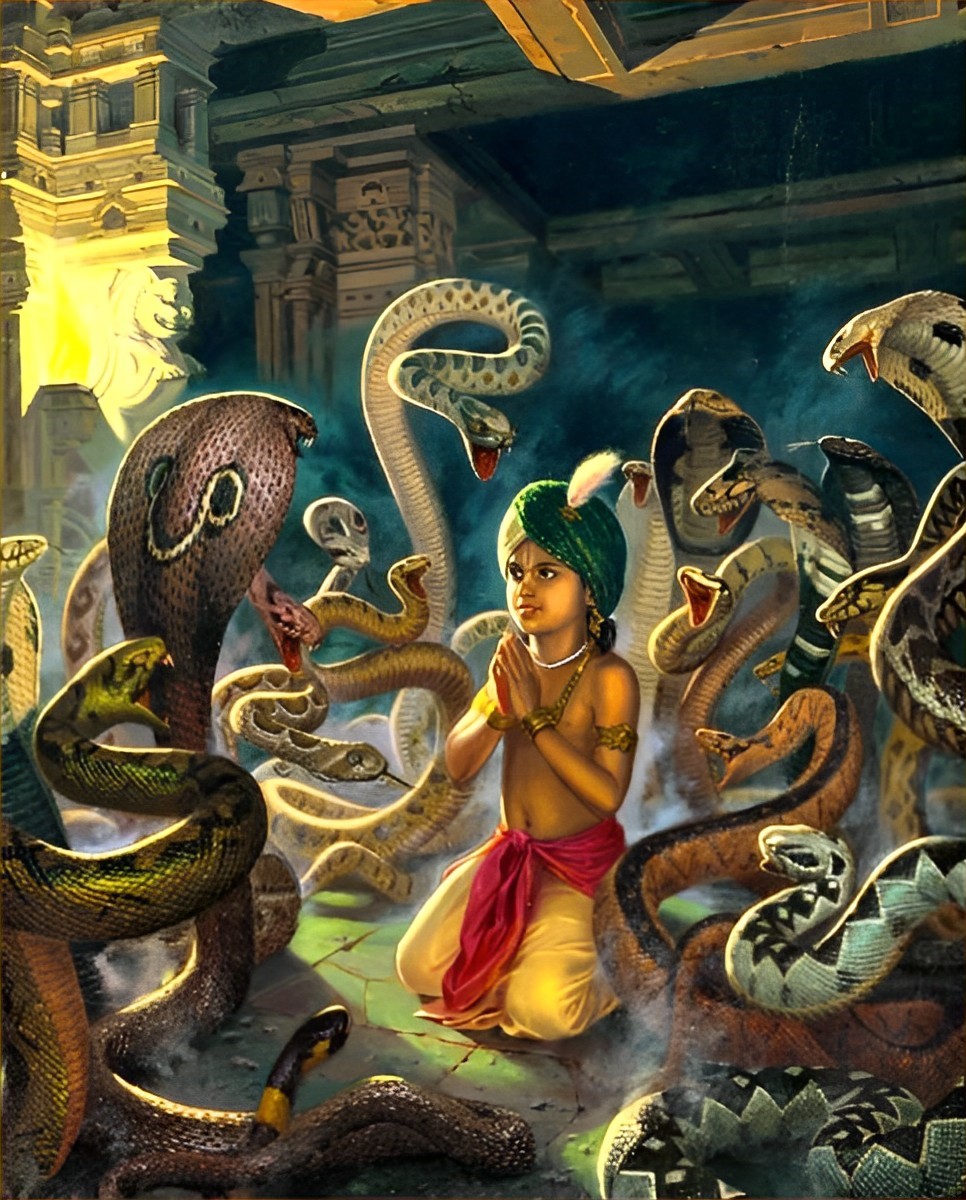 Prahlad (of divine nature, and the greatest devotee of Lord Vishnu) being surrounded by the armies of demon Hiranyakashipu