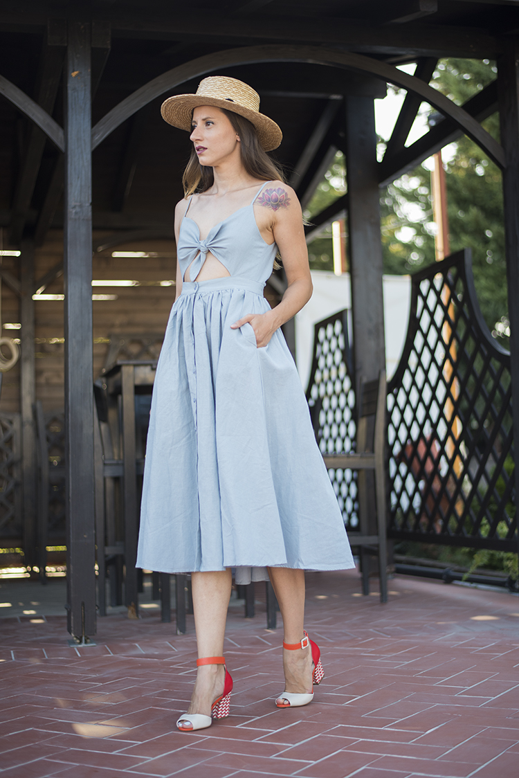 Take A Bow Cami Dress in Dusty Blue