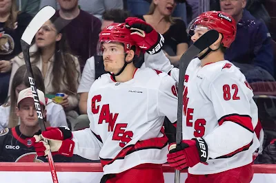 Carolina Hurricanes forward Jack Roslovic celebrates goal during 2025 game.