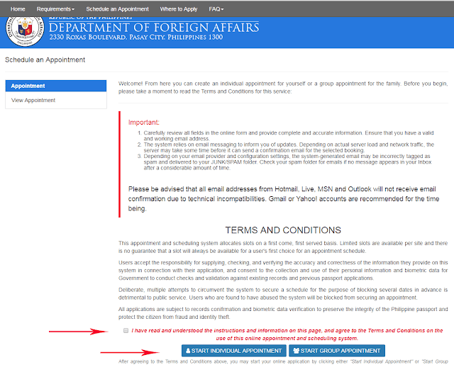 Individual Appointment or Group Appointment page