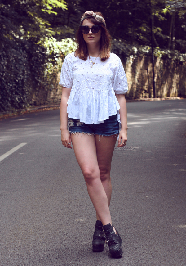 Dahlia broiderie top, vintage, head scarf, head wrap, turban, gold necklaces, vintage rings, floral, vintage sunglasses, giant vintage, denim shorts, jeffrey campbell platform boots, coal n terry shorts