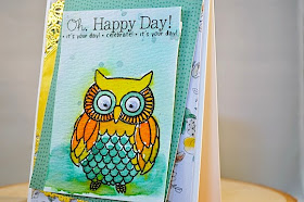 SRM Stickers Blog - Watercolored Owl Card by Stacey - #card #birthday #stamped #janesdoodles #owl #stickers #doilies #gold #watercolor