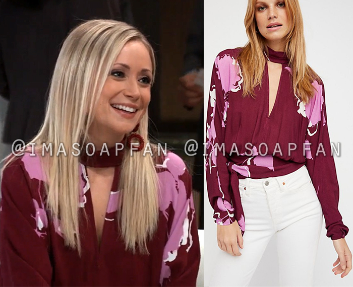 Lulu Spencer Falconeri, Emme Rylan, Dark Red and Pink Floral Keyhole Collar Blouse, General Hospital, GH