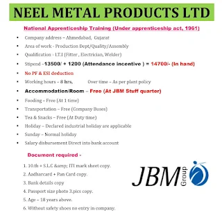 ITI Apprentice Campus Placement Drive 2023 for Neel Metal Product Limited JBM Group Ahmedabad, Gujarat Location