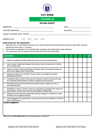 NEW COT RPMS Rating Sheet for Proficient Teachers | T I-III for SY 2023-2024 | Download Form Here!