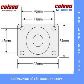 Bảng vẽ kích thước tấm lắp bánh xe đẩy hàng PU 100 chịu tải trọng 122kg | S2-4256-95P