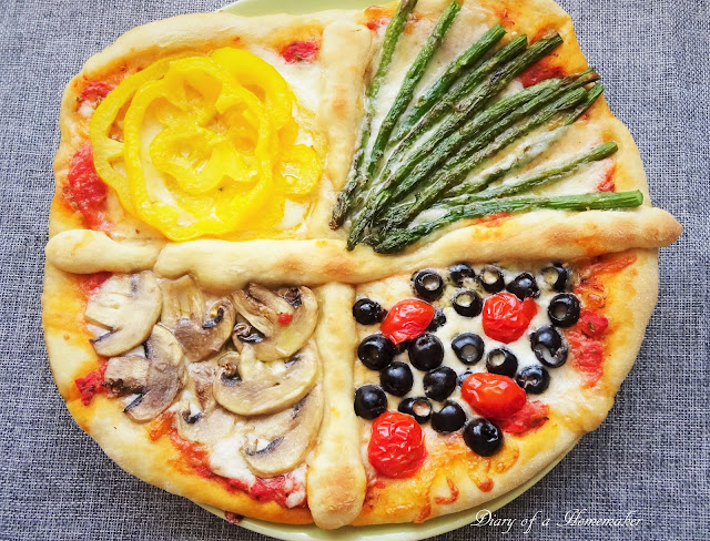 four-seasons-pizza-quattro-stagioni-bell pepper-tomatoes-olives-oil-mushrooms-pizza-dough