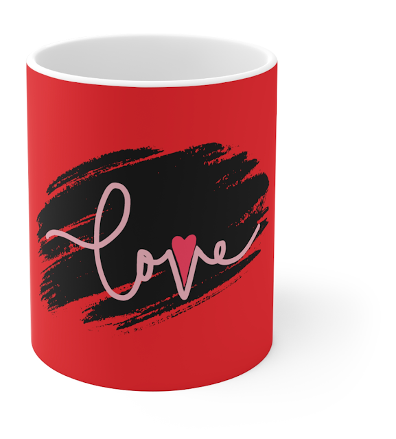 Valentine Ceramic Mug With Pink Black Illustrated Valentine's Day and Text Love