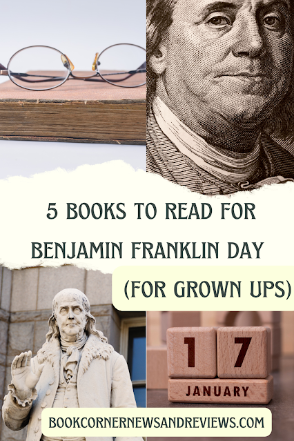 pinnable image for a list of adult books to read for Benjamin Franklin Day