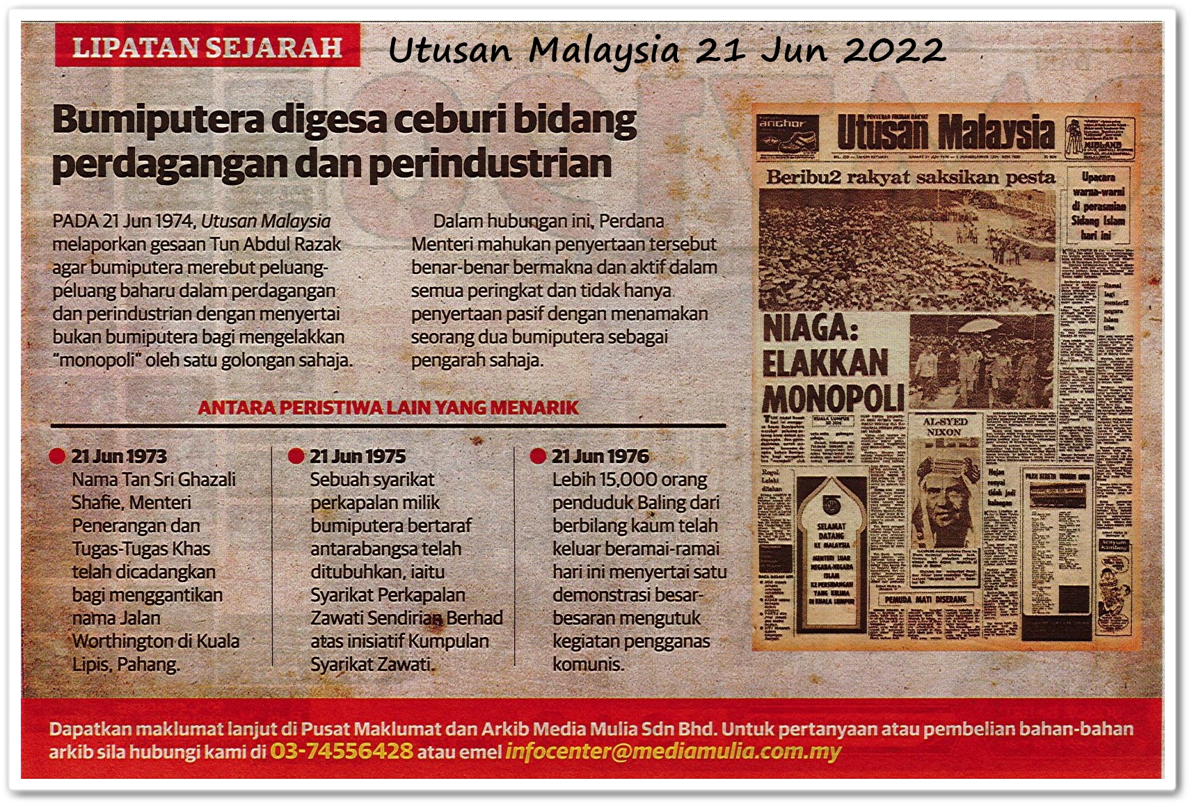 Lipatan sejarah 21 Jun - Keratan akhbar Utusan Malaysia 21 Jun 2022