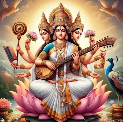 Mother Saraswati is sitting on a lotus flower and giving blessings