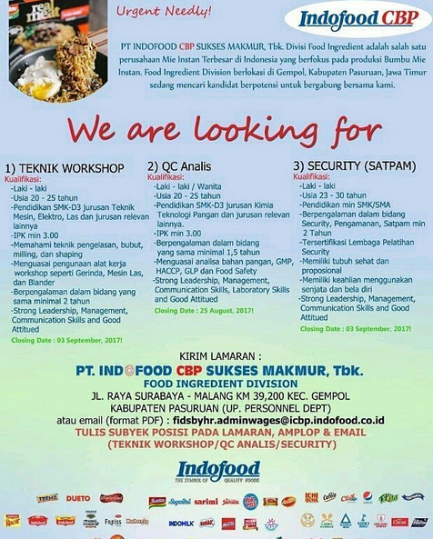 Rekrutmen PT. Indofood Sukses Makmur Tbk Buka Beberapa 