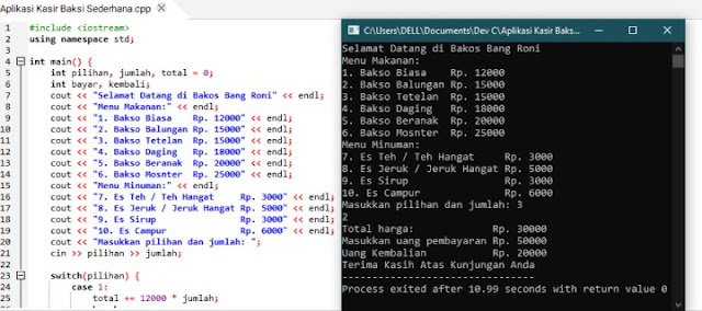 Contoh Program Kasir Warung Bakso Sederhana Menggunakan C++