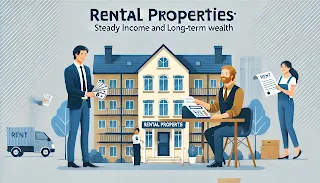 A well-maintained apartment building with happy tenants. A landlord receiving rent payments and checking property documents, symbolizing steady income and long-term wealth.
