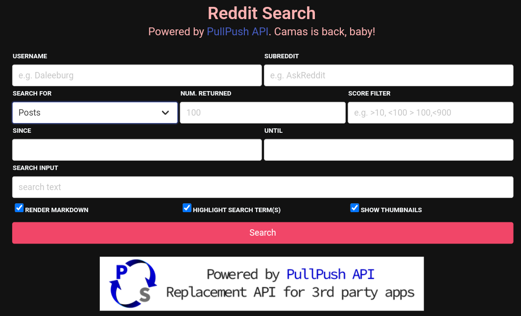 Reddit Search Powered by PullPush API. Camas is back, baby!  USERNAME e.g. Daleeburg SUBREDDIT