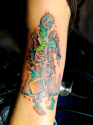 Zombie pinup girl and zombie business man tattoos by Reed