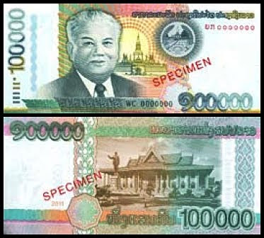 New Laos 100,000 Kip banknote