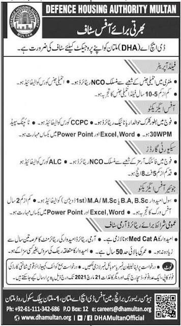 Defance housing athourity jobs 2021Defence Housing Authority Jobs 2021-newspaperjobpk123  Defance housing athourity jobs latest by newspaperjobpk123 jobs which has been published in newspaper they require multiple passion to their vacant post they requirements for their Multan project   Job details:  Posted date       :      10 march 2021  Last date.           :    21 march 2021  Location.             :    multan   Organization.      :   Defance housing Athourity DHA  Post total.            :      04  Job / vacant details:  Field operator Office executive Security guards Junior office executive Qualifications requirements & experience requirements NCO retired / Atily gins qualified and have  5 to 10 years experience for the psot of field operator Ccpc course qualified and have typing speed 30 wpm for the post of office executive NCO retired and Alc  qualified  for security guard MA / BSC / BA / MSC for the post of junior officer executive How to apply : Interested candidates apply before closing date and last date to apply 21 march 2021 send your document copy with cnic at the given address  Human resource baranch main office Multan dha 1,Multan public school road