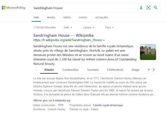 Fiche de Sandringham House de Microsoft Bing