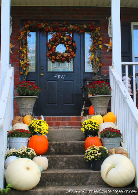 Farmhouse Style, Porch Decor, Mums, Pumpkins, Fall Decor