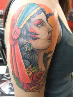 Gypsy Tattoo Style-3 Beautiful gypsy head tattoo with flowers and sun.