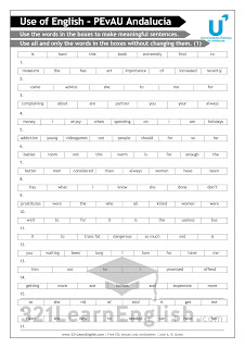 Use of English - PEvAU - EvAU - PAU - EBAU - Selectividad Andalucía - Use the words in the boxes to make meaningful sentences. Use all and only the words in the boxes without changing them - Free printable worksheets with key - www.321LearnEnglish.com