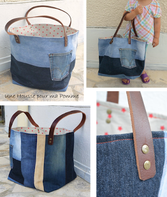 Sac Cube en jeans recyclés montés façon patchwork horizontalement ou verticalement suivant le coté du sac, cuir beige, surpiqures rouges, poche extérieure récupérée sur un jeans, intérieur coton couleur lin et étoiles rouges, Anses en cuir véritable rivetées mains.  Dimensions : 30 x 30 x 32 cm.