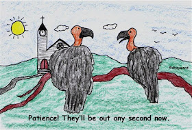 Two large vultures sit on a branch, viewing a church building. These rapacious scavengers represent NTCC vultures looking for a free meal off the next tithe payer.