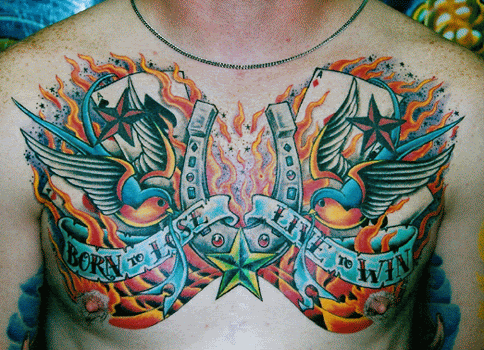 Picture of a superbly designed chest piece including two swallow birds 