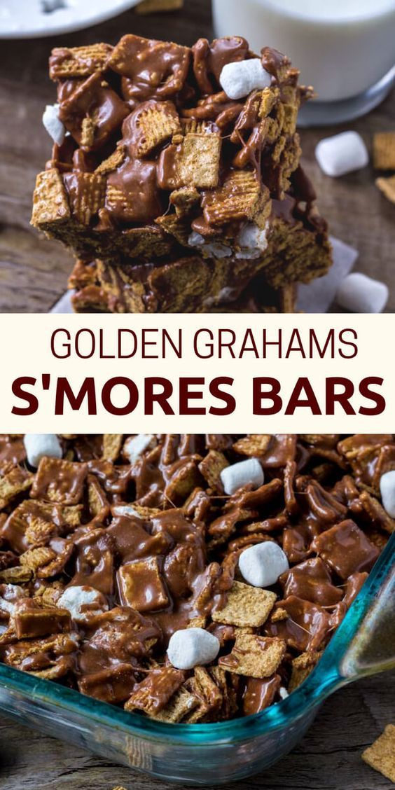 These golden grahams s'mores bars will be your new favorite way to enjoy s'mores. Gooey, chewy, crunchy and filled with chocolate. #smores #nobake #smoresbars #recipes