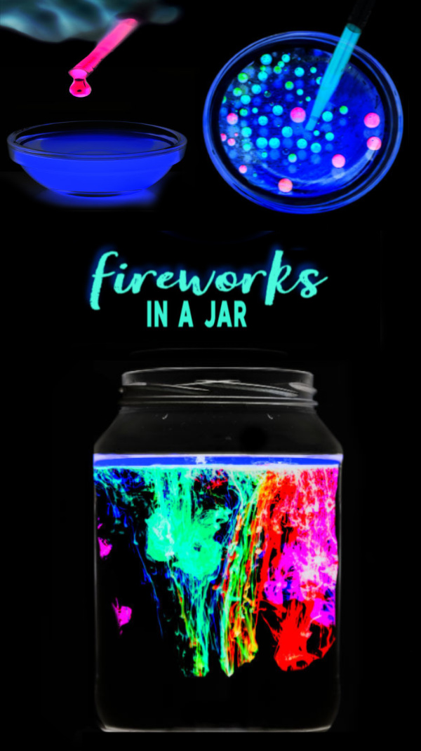 Glowing fireworks in a jar science experiment for kids.  This activity is great for the 4th of July!  #fireworksinajar #fireworksinabottle #fireworkscraft #scienceexperimentskids #scienceforkids #sciencefairprojectsforelementary #sciencefairprojects #growingajeweledrose