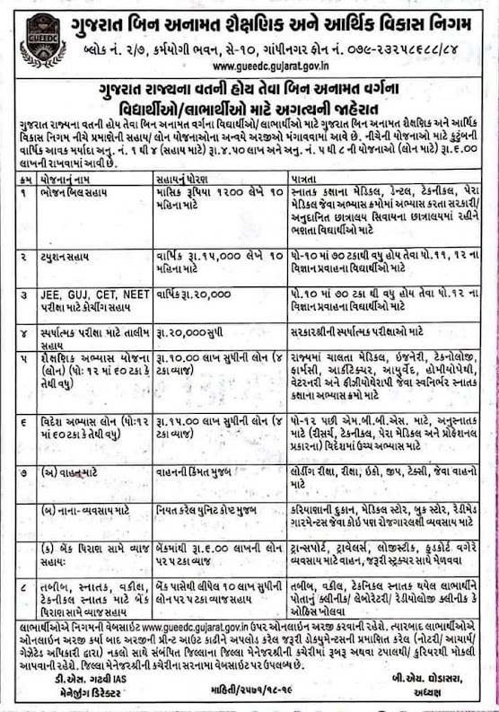 Gujarat Unreserved Educational & Economical Development corporation Various Scheme for  in  Online Apply 2019.