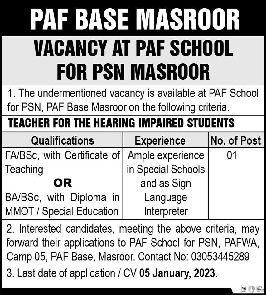 Latest Government jobs in PAF School for Special Education in Teaching and others can be applied till 5 January 2023 or as per closing date in newspaper ad. Read complete ad online via PAF to know how to apply on latest PAF School for Special Education job opportunities.