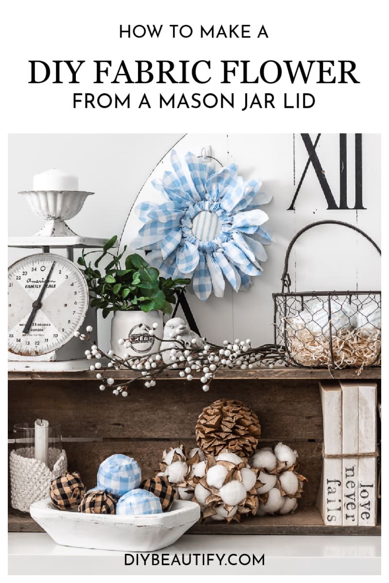 mason jar flower, chippy white clock, vintage scale, greenery, basket of fabric eggs