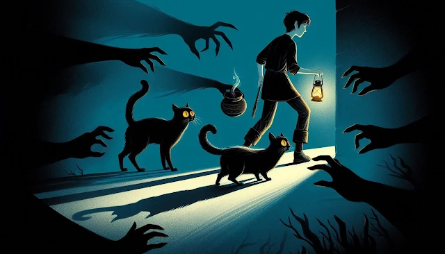 The Horror Dream A-boy-and-Two-Black-cats-with-ghost-shadow