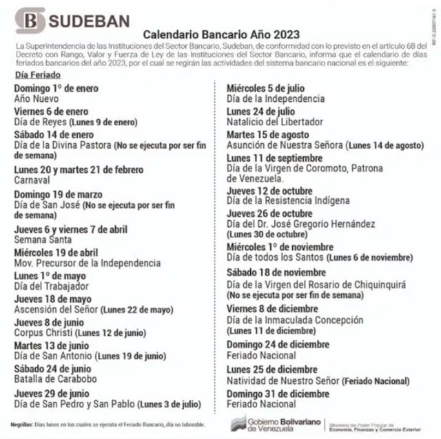 Calendario oficial bancario de Sudeban. Lunes bancarios. Días festivos de Venezuela en el 2023. Días feriados de Venezuela en el 2023. Calendario bancario de Venezuela 2023 Lunes-bancarios-Días-festivos-de-Venezuela-en-el-2023-Días-feriados-de-Venezuela-en-el-2023-Calendario-bancario-de-Venezuela-2023-Calendario-SUDEBAN-2023