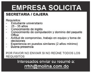 #Empleo Empresa Molina Solicita Secretaria / Cajera