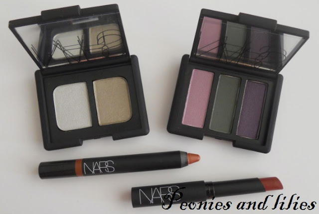 Nars Larger than life lipgloss in Rouge Tribal, Nars Blush in Outlaw, Nars Pure matte lipstick in Amsterdam, Nars Velvet gloss lip pencil in More, Nars High society eyeshadow trio, Nars Vent Glace eyeshadow duo, Nars fall 2012, Nars fall 2012 review