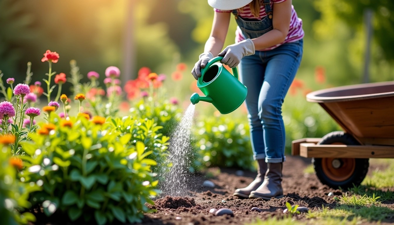 Close-up of a hand watering a houseplant deeply.