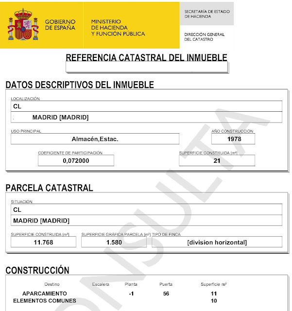 Ficha catastral con expresión de metros de garaje y metros construidos comunes