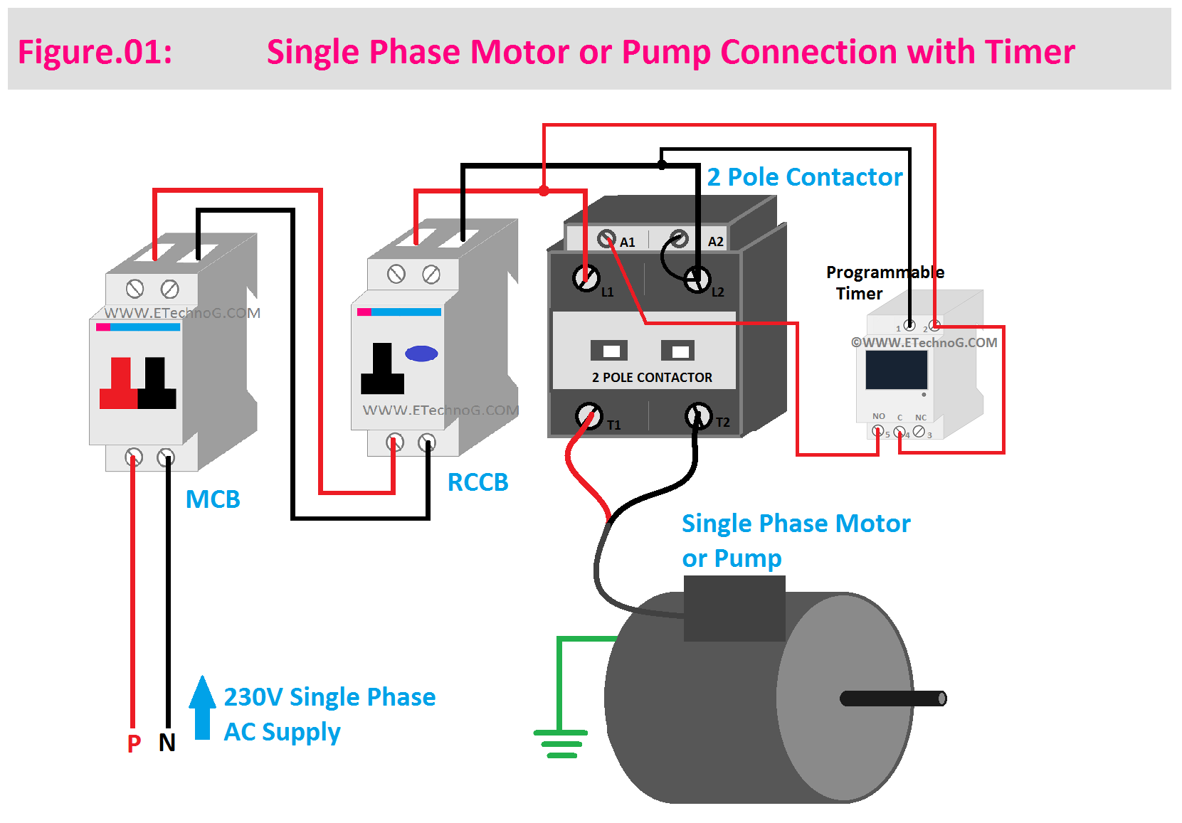 Single Phase Motor or Pump Connection with Timer for automatic control