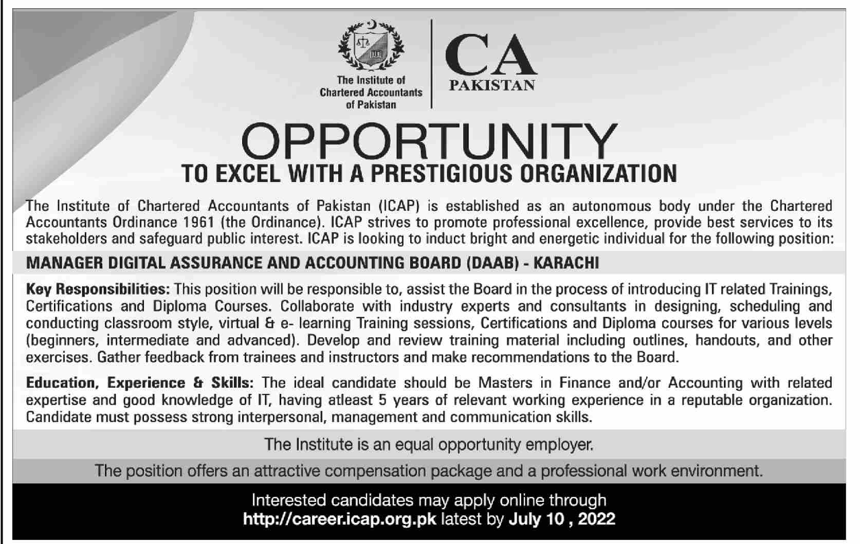 Latest Institute of Chartered Accountants of Pakistan ICAP Management Posts Karachi 2022