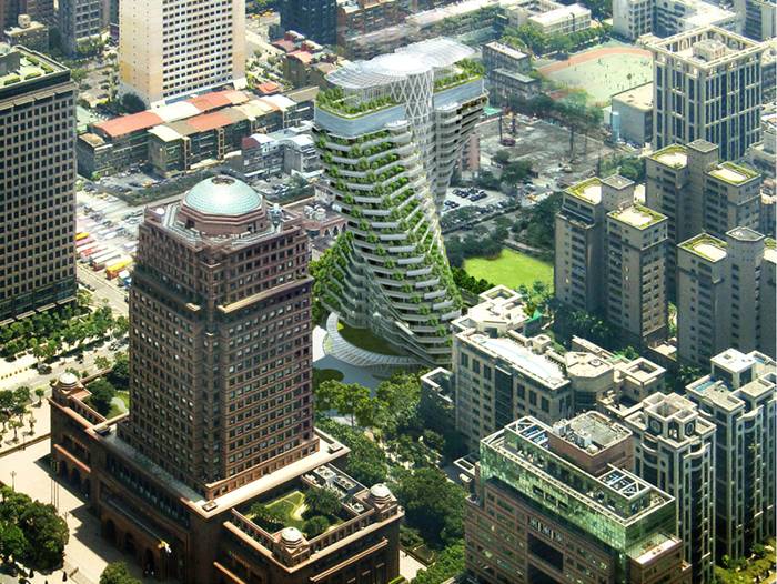 On the last and biggest parcel of land available for residential use in taipei city, vincent callebaut 's twisting, foliage-filled 'agora tower' will preside over the rest of the urban xinyin district. the architect, known for his distinct eco-vision, has designed a high-density space that aims at limiting the ecologic footprint of its inhabitants by forging a symbiotic relationship between the urban dweller and nature. tall planted balconies of suspended orchards, organic vegetable gardens and and medicinal greenery will take root in the high-performance building. in true cradle-to-cradle fashion, even the construction process transforms itself; industrial waste will be returned as a 'technical nutrient' to be indefinitely recycled. the helicoidal towers appropriate their form from the structure of DNA, conceptually speaking to the building blocks of life, as well as dynamism and twinning. four types of housing units form a full level allowing their twisting forms to optimize space for open-air hanging gardens. the angled apartments additionally offer exceptional views of the bustling city by multiplying the transversal views of the overall east-west rhomboidal pyramid. corbelled floors provide structure and privacy.