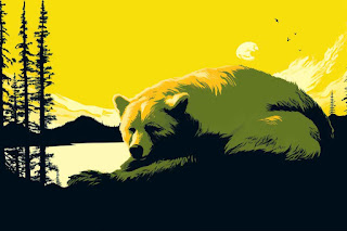 Ursoaica în hibernare, pe fundal parcul Yellowstone