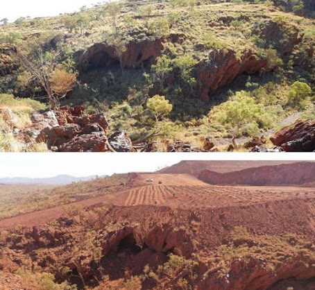 Juukan Gorge cave site before and after mining works