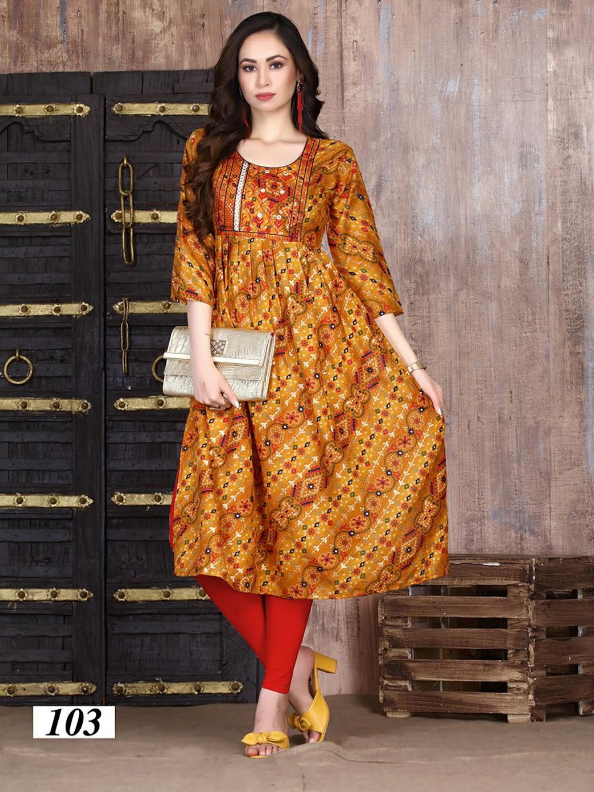 Bottle Green Gold Printed Apple Cut Long Kurti With Frilled Bottom