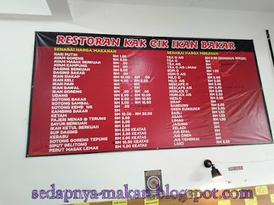 senarai menu restoran Kak Cik Ikan Bakar