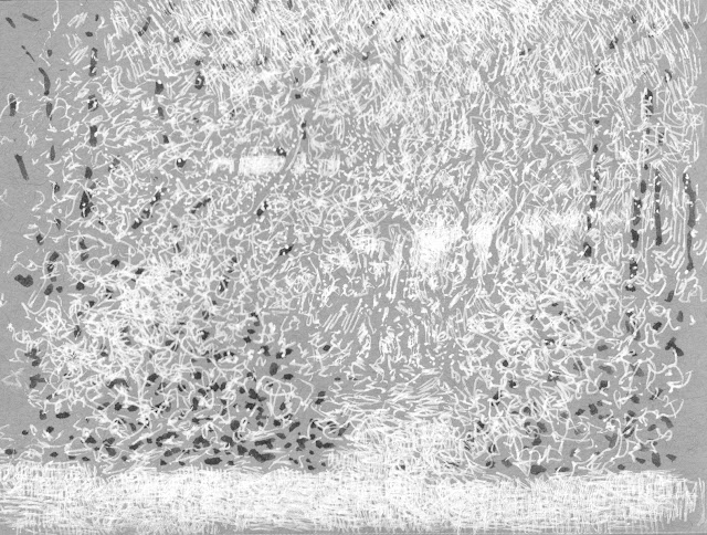 white ink on toned paper sketch of swirling snow, with snow covered yard and shrubs in foreground and trees and houses behind.