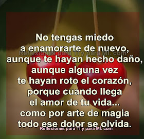 No tengas miedo a enamorarte de nuevo, aunque te hayan hecho daño, aunque alguna vez te hayan roto el corazón, porque cuando llega el amor de tu vida, como por arte de magia, todo ese dolor se olvida.