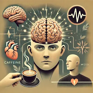 Ilustración estilizada que representa los efectos de la cafeína en la cognición y el estado de ánimo. Se muestra un cerebro con conexiones neuronales activas, una taza de café con ondas de energía y una persona alerta y enfocada. También se incluyen símbolos de latidos del corazón y relajación, reflejando su impacto en el sistema cardiovascular y el bienestar.